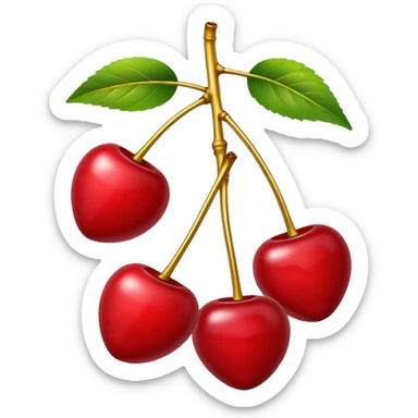 Two cherries with golden stems connected, paired with dark green leaves sticker