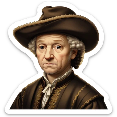 Cinematic Realistic portrait of Rembrandt, shown as a master artist with deep, introspective eyes and richly detailed period clothing, rendered with dramatic chiaroscuro lighting that emphasizes his legacy sticker