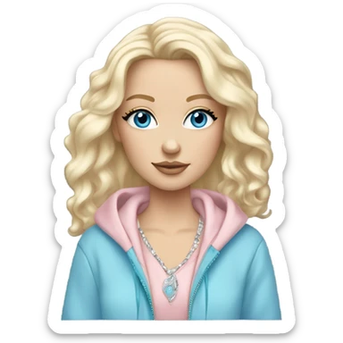 body White girl with platinum wavy blond hair, long lashes and stunning blue eyes wearing jewelry and a light pink oversize hoodie zip up sticker
