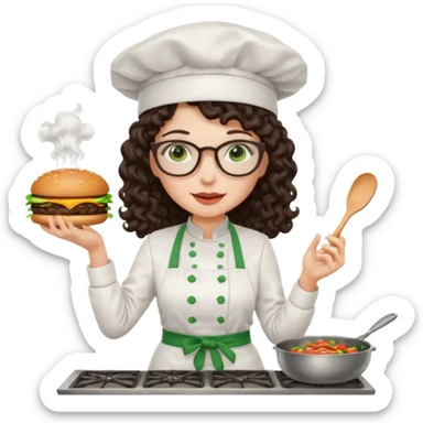 A female chef with glasses, dark brown long curly hair, White skin,Green eyes and cooking a burger sticker
