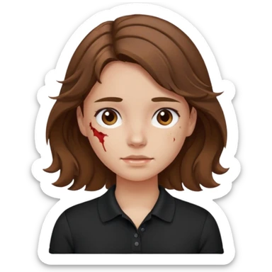 crie uma garota com ferimentos cabelo ondulado 2c castanho e blusa polo básica preta sticker
