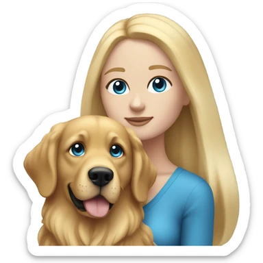 woman with blue eyes and long straight blonde hair and big boobs is holding a very fluffy small golden retriever sticker