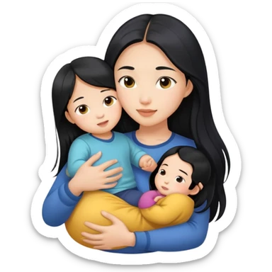 Beautiful Asian girl with long black hair, holding a child in her arms sticker
