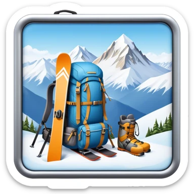 Icon for Mountain Tourism: a snow-covered peak in the distance, with skis, a snowboard, climbing gear, a backpack, and a camera. The icon should represent the adventure and exploration of mountain landscapes. Transparent background. sticker