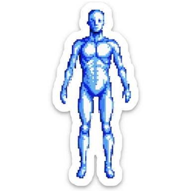 Pixelated human silhouette with digital scanning effect, blue grid lines mapping the body sticker