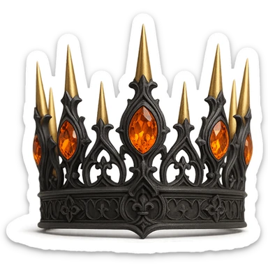 gothic crown in matte charcoal with gold spikes and fiery orange gems, bold and dramatic sticker