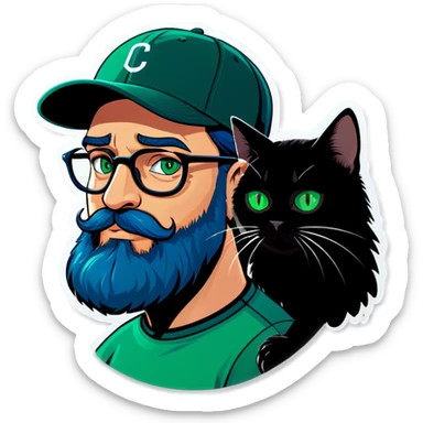 A bold man with a grey baseball cap, green eyes, big beard and glasses holding a black cat sticker
