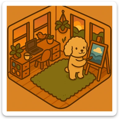 Move the brush to the character's other hand, keeping the original style, colors, and strokes of the image. The character should continue painting the canvas. sticker