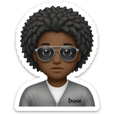 Un garçon,de couleur noir avec des lunettes de soleil grise,il a des cheveux crépus et au dessus de sa tete il est écrit BOUSS  sans qu’on voit ses yeux sticker