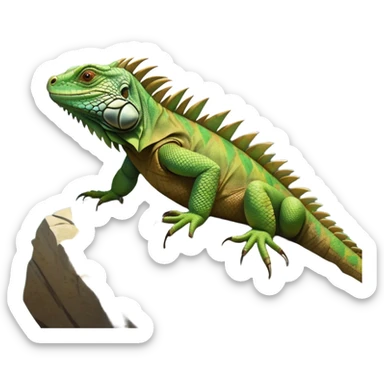cinematic-iguana-realistic-full-body-basking-emoji,-long-scaly-body-stretched-out-on-a-sunlit-rock,-spiny-ridge-running-down-its-back,-textured-green-and-brown-skin-dappled-with-light,-sharp-intelligent-eyes-studying-the-surroundings sticker