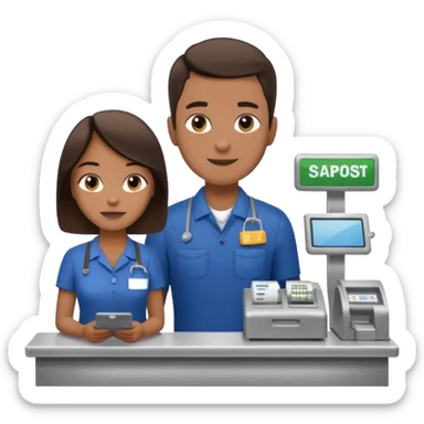 Supermarket employee at a cash register, full body, serving a man sticker