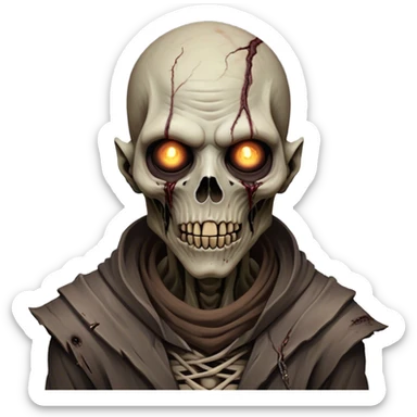 Cinematic Realistic WoW undead civilian Portrait, head tilted epicly and inquisitively, showcasing grim resilience and defiant strength. His withered, pallid skin and intense, glowing eyes contrast starkly with his worn, earth-toned clothes, rendered in meticulous detail. With dynamic, high-contrast lighting and high shine, this portrait exudes an epic aura, capturing the relentless will of a battle-hardened undead civilian. sticker