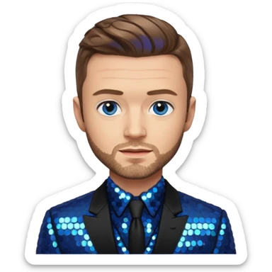 Justin Timberlake with light brown hair, blue eyes, sequin black suit jacket sticker