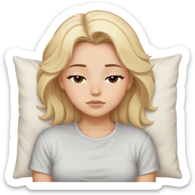 blonde model, brown eyes, medium voluminous hair, comfy t-shirt, napping sticker
