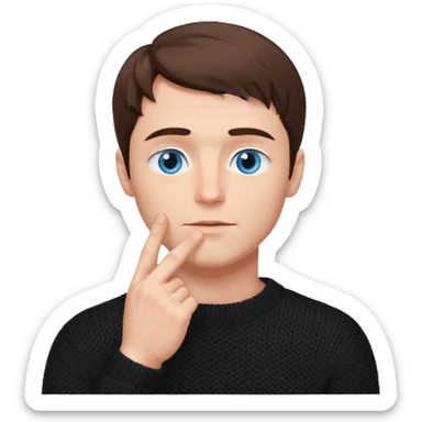 man in black knitted sweater in thinking pose, blue eyes brown hair, index finger touching his chin, eyes looking up to the top right sticker