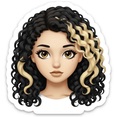 split dye leftside blonde rightside black-brown hair, baddie, pretty makeup, black eyeliner, long and curly hair sticker