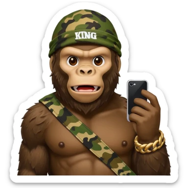 King Kong with a cell phone emojie wearing a camouflage bandana sticker