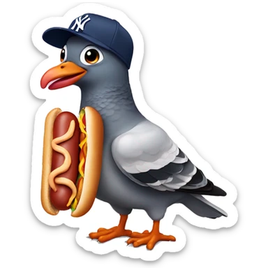 pigeon wearing New York yankee hat while eating a hotdog sticker