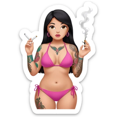caucasian curvy body girl, with tattoos, in pink bikini, smoke, with a long straight black hair  sticker