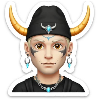 white skin Rock-style man — piercings, glowing tattoos on face, black hat with horns sticker