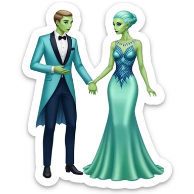 alien reptilian green skin woman, in long slim pastel blue formal party satin dress with gradient shiny sparkling navy blue diamonds embroidered , and caucasian man in black dres on his knees asks her to marry her sticker