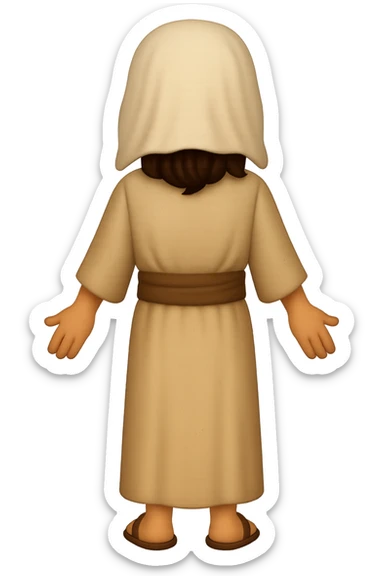 Create a back view, centered full body image of Apostle Peter in classic emoji style. He is facing away, smiling, with a full beard, wearing the same clothing as the reference image: a robe with a brown sash and head covering, with long sleeves. No background. The style should mimic classic emoji style. sticker