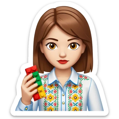 A Ukrainian girl with brown hair in an embroidered shirt holds Lego bricks sticker