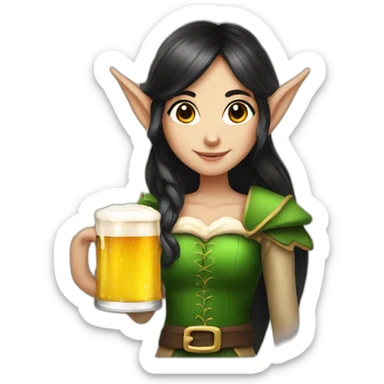 Elf girl with dark hair holding a beer sticker