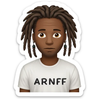 black guy wearing a white shirt saying ARNF in black text in the middle chest while having dreads sticker