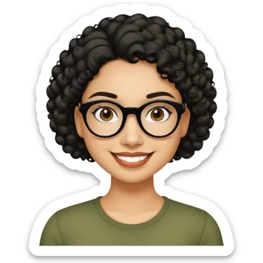 Hispanic woman with light tan skin. Round face with dimples. Dark eyes with black glasses. Thick eyebrows. Short curly black hair. Big smile. Wearing olive green top. sticker