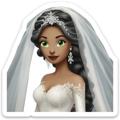 Hyper Realistic ornate ballgown long sleeve Wedding dress with diamanté on Russian bride with light skin and green eyes and long black hair with veil hyper realistic  sticker