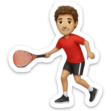 Young guy with swooped brown hair playing pickleball full body red shirt black shorts solid black paddle sticker