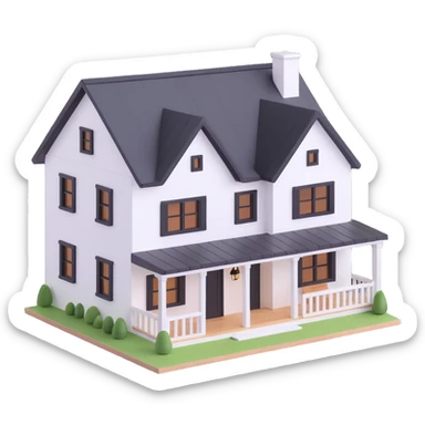 modern farmhouse dollhouse, white with black trim and wooden accents, 3d isometric  sticker