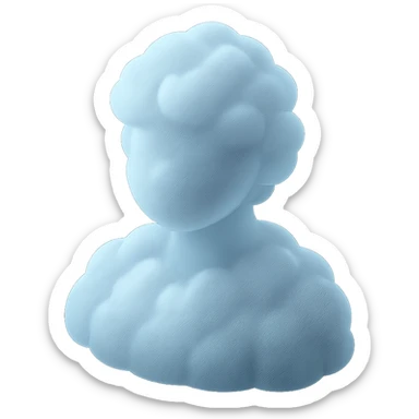 person made entirely of white fluffy convex clouds, shoulder up, front view, matte glass style sticker