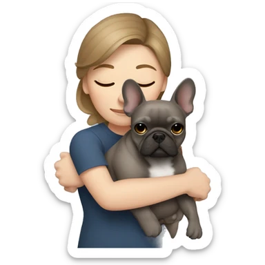 light brown hair woman hugging a dark gray french bulldog sticker