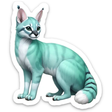 Colorful dark realistic tropical iridescent pale light jade-green, mint-blue, whitish pastel white glorious divine exotic cute cool beautiful shiny beautiful fantasy-caracal-civet-genet-sergal-vernid-Cacomistle-Trico-oncilla-animal-Fakémon-hybrid-fursona (full body) sticker