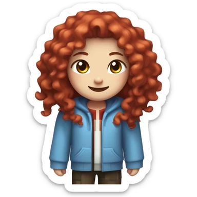 a white girl with long red curly hair and freckles, wearing periwinkle Minecraft hoodie playing a videogame smiling sticker