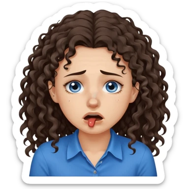 white young pretty woman long dark brown CURLY hair, with a blue shirt, in despair crying, brown eyes, septum nose piercing sticker