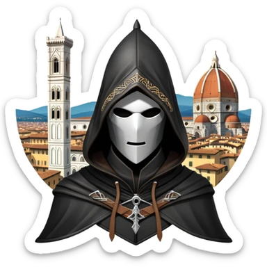 icon featuring Assasin's Creed in an iconic assassin's hood, standing tall against the backdrop of Florence. The design captures the essence of adventure, with intricate details of historical architecture and a sense of mystery. The character is poised, ready for action. transparent background. sticker