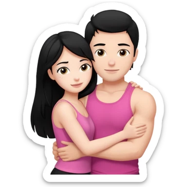 a pretty bratz fair girl. black hair, wearing a pink cami top, she is hugging a handsome fair guy with black hair. lean but muscular.the boy is wearing a black tshirt sticker