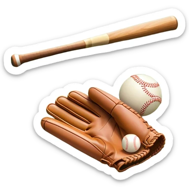 A baseball bat, ball, and glove placed on the grass of a baseball field, with the diamond and base lines clearly visible in the background. The scene captures the essence of the sport, with the equipment ready for action on the neatly marked field. sticker