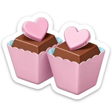 Two square milk chocolate pralines , sharp-edged glossy cubes placed diagonally side by side, each sitting in a small white fluted paper candy cup.
Flat thin pastel pink heart icing centered on top with fine sugar crystal sparkle, clean studio product lighting,  sticker