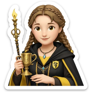 Helga Hufflepuff,the Hogwarts founder of Hufflepuff,brown-haired,2braids,yellow-black medieval dress with black cloak decorated with gold braiding,flickering magic wand and tiny two-handled shiny gold cup engraved with the badger silhouette,very kind smile,curvy busty sweet sticker