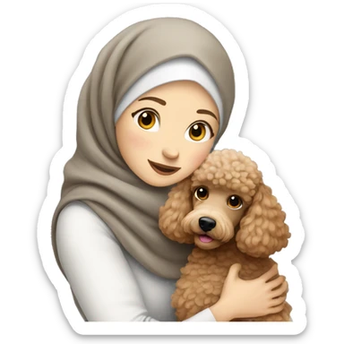 pretty white skin woman with gray hijab hugging a light brown poodle sticker