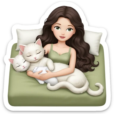 White Barbie girl dark brown long wavy hair sleeping with white kitty at pale olive bed sticker