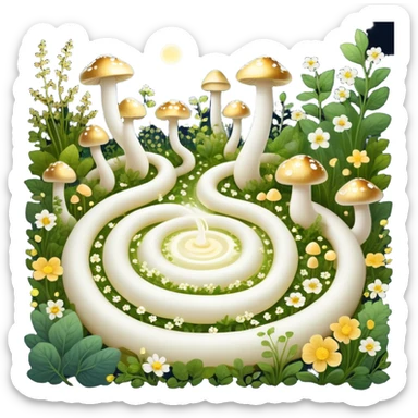Glowing garden of probiotic foods: yogurt as white flowers, kefir as luminous mushrooms, and fermented vegetables as magical plants. Beneficial bacteria appear as tiny golden lights floating through the garden. The intestine forms a spiraling path surrounded by this magical ecosystem. sticker