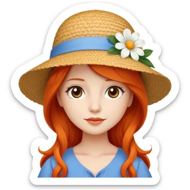 girl_wearing_summer_hat, white flower on hat, red orrange long hair, blue dress sticker