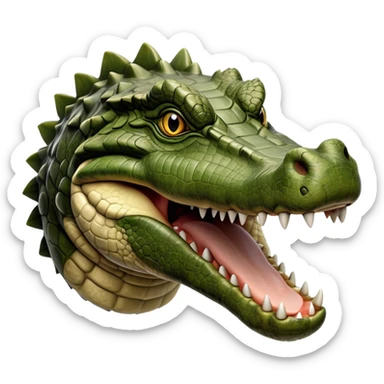 Cinematic Realistic Noble Crocodile Portrait Emoji, Poised and formidable, with a massive, muscular build and a rugged, intricately textured scaly hide in deep olive-green with natural camouflaged patterns, a powerful, fearsome jaw and piercing, ancient eyes rendered in lifelike detail, high shine, intelligent and imposing, styled with an air of primal authority, focused and attentive, soft glowing outline, capturing the essence of a watchful and confident crocodile that appears ready to surge out of the screen with effortless power! sticker