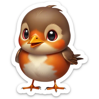 Cinematic Cute Robin Portrait Emoji, Head tilted playfully and inquisitively, featuring a charming, petite form with a vibrant red breast, round, sparkling eyes full of gentle mischief, and a delicate, beak-like smile, Simplified yet irresistibly adorable features, highly detailed, glowing with a warm, inviting glow, high shine, affectionate and lively, stylized with a touch of whimsical woodland charm, soft glowing outline, capturing the essence of a mischievous yet endearing robin that seems as if it could sing out of the screen into your heart! sticker