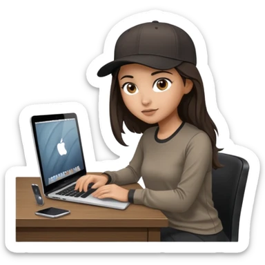 A professional 3D avatar of a young woman with olive skin and long, dark brown hair, wearing a dark, long-sleeved classy taupe shirt and a black baseball cap. She's sitting at a sleek wooden desk, typing and looking at a silver MacBook.  sticker